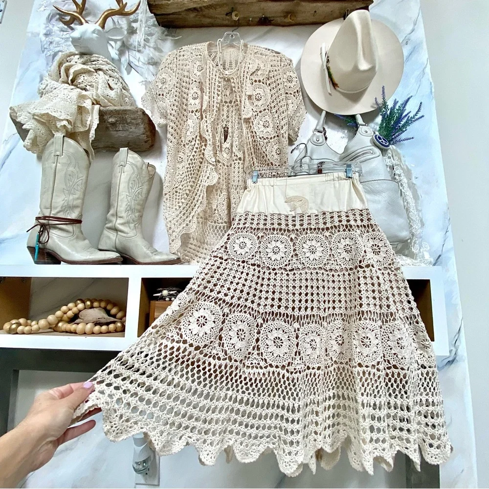 Artisan Crochet set boho lace set skirt/cardi shabby chic prairie Country vibel - Picture 11 of 16